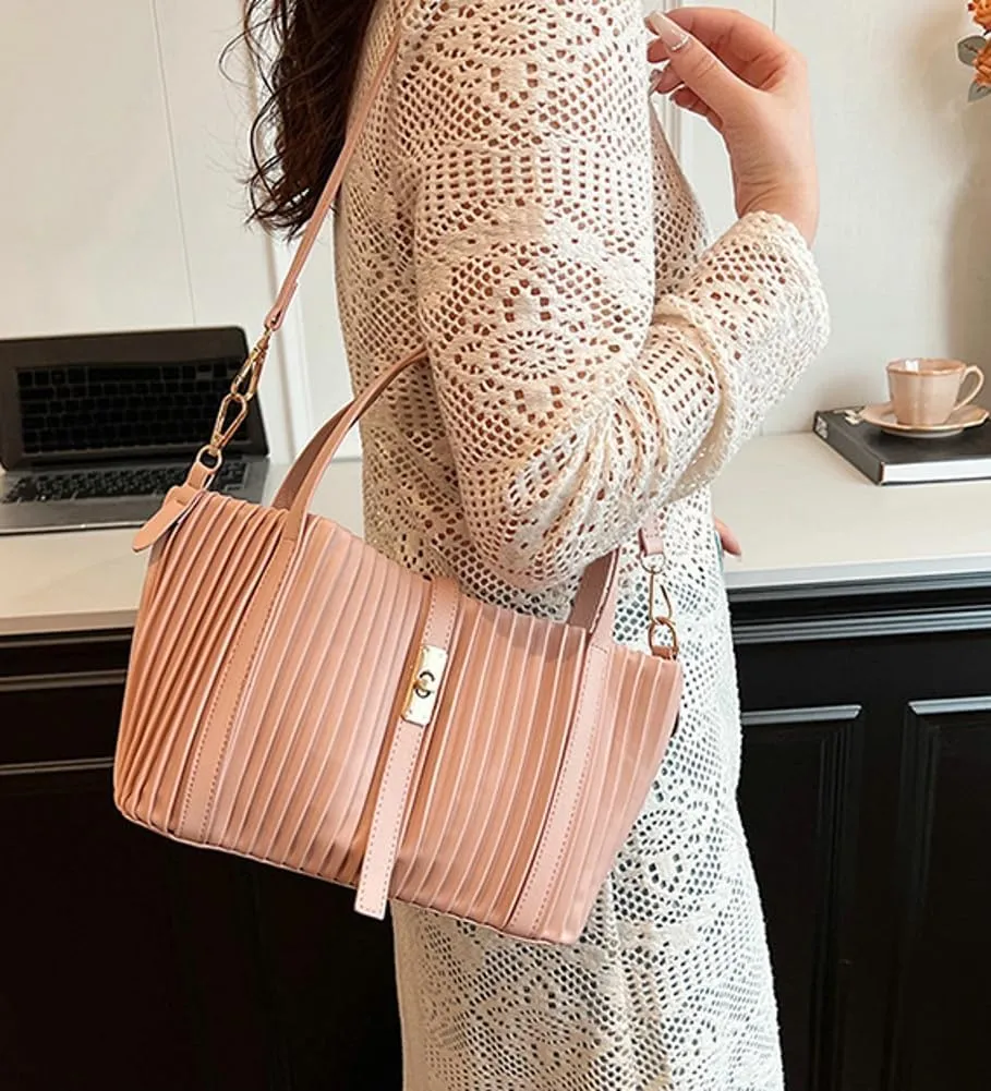Womens Fashion Shoulder Crossbody Bags Large Vegan leather Tote Purse Bucket Handbags Pleated Top Handle Satchel