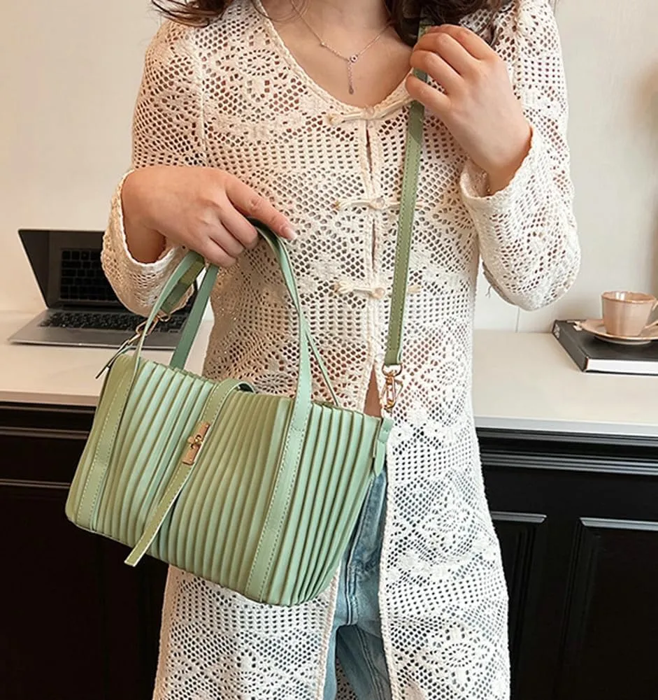 Womens Fashion Shoulder Crossbody Bags Large Vegan leather Tote Purse Bucket Handbags Pleated Top Handle Satchel