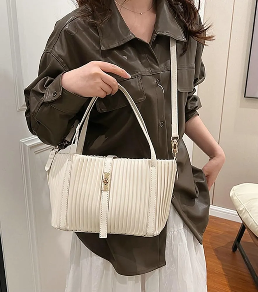 Womens Fashion Shoulder Crossbody Bags Large Vegan leather Tote Purse Bucket Handbags Pleated Top Handle Satchel