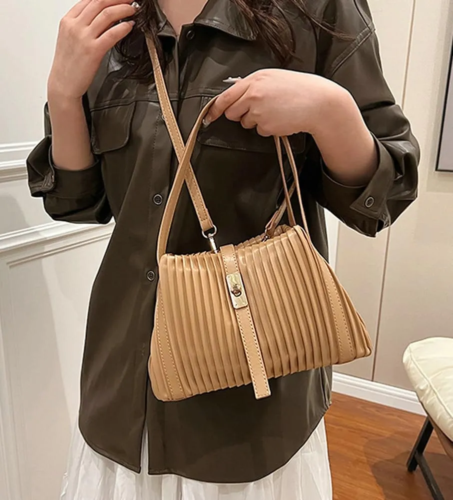 Womens Fashion Shoulder Crossbody Bags Large Vegan leather Tote Purse Bucket Handbags Pleated Top Handle Satchel