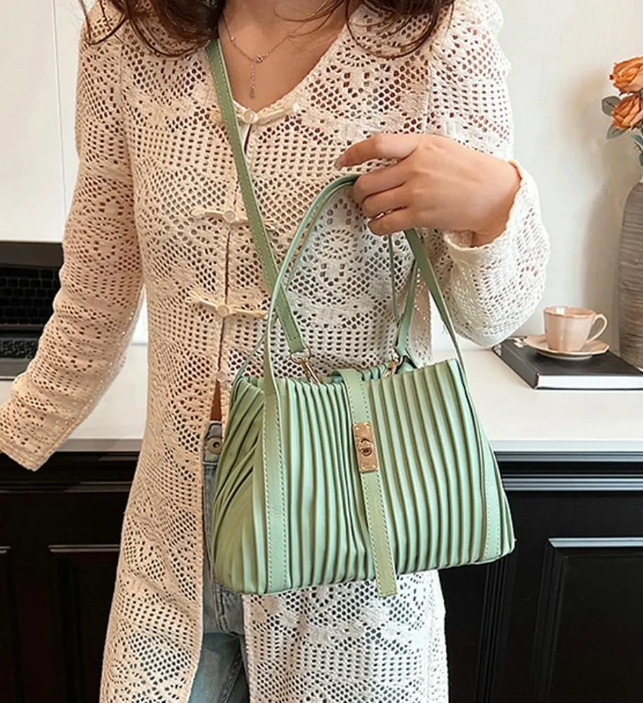 Womens Fashion Shoulder Crossbody Bags Large Vegan leather Tote Purse Bucket Handbags Pleated Top Handle Satchel