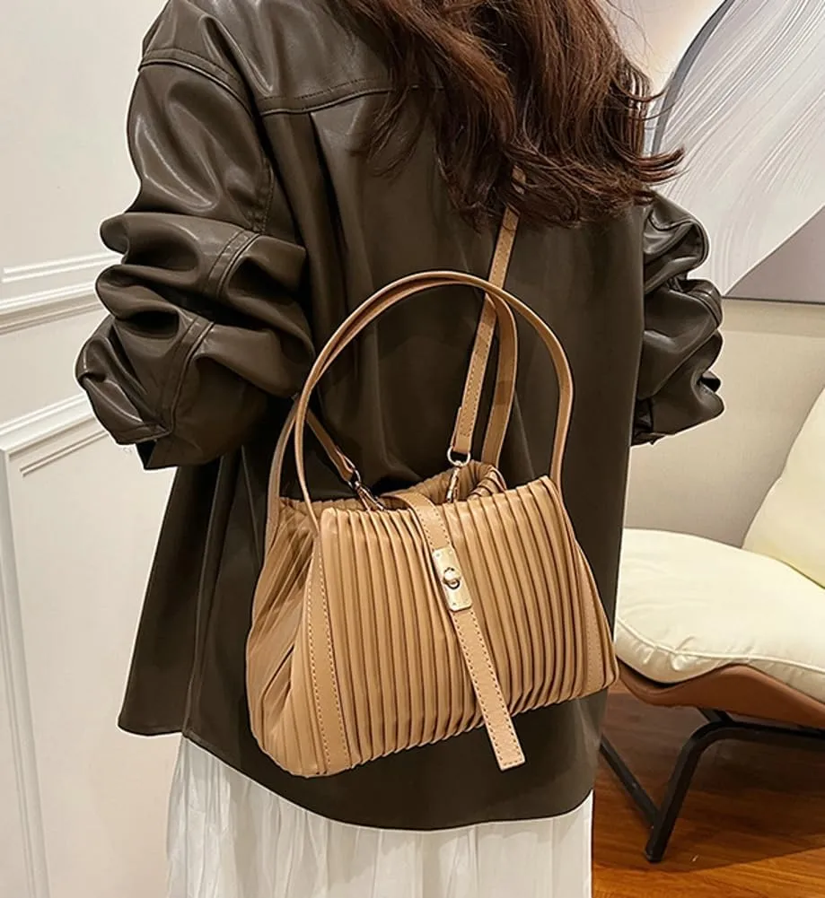 Womens Fashion Shoulder Crossbody Bags Large Vegan leather Tote Purse Bucket Handbags Pleated Top Handle Satchel