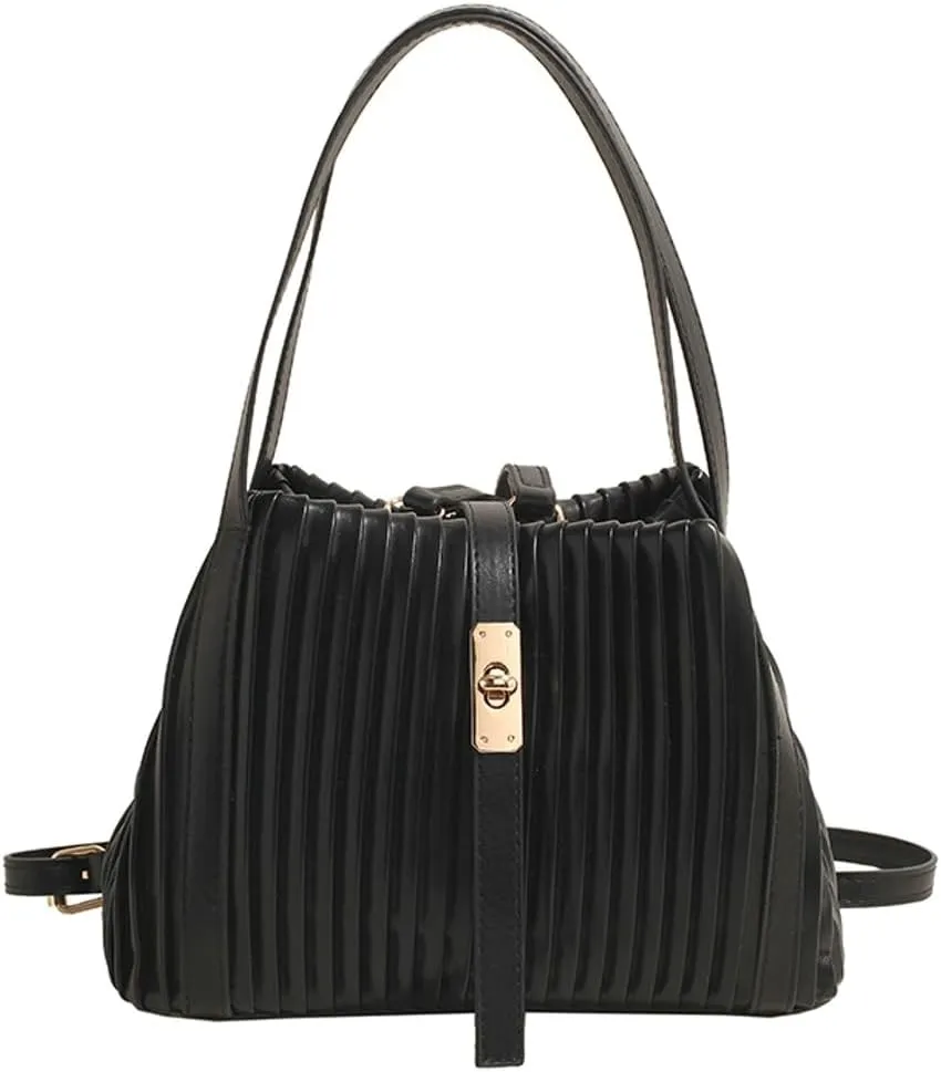 Womens Fashion Shoulder Crossbody Bags Large Vegan leather Tote Purse Bucket Handbags Pleated Top Handle Satchel
