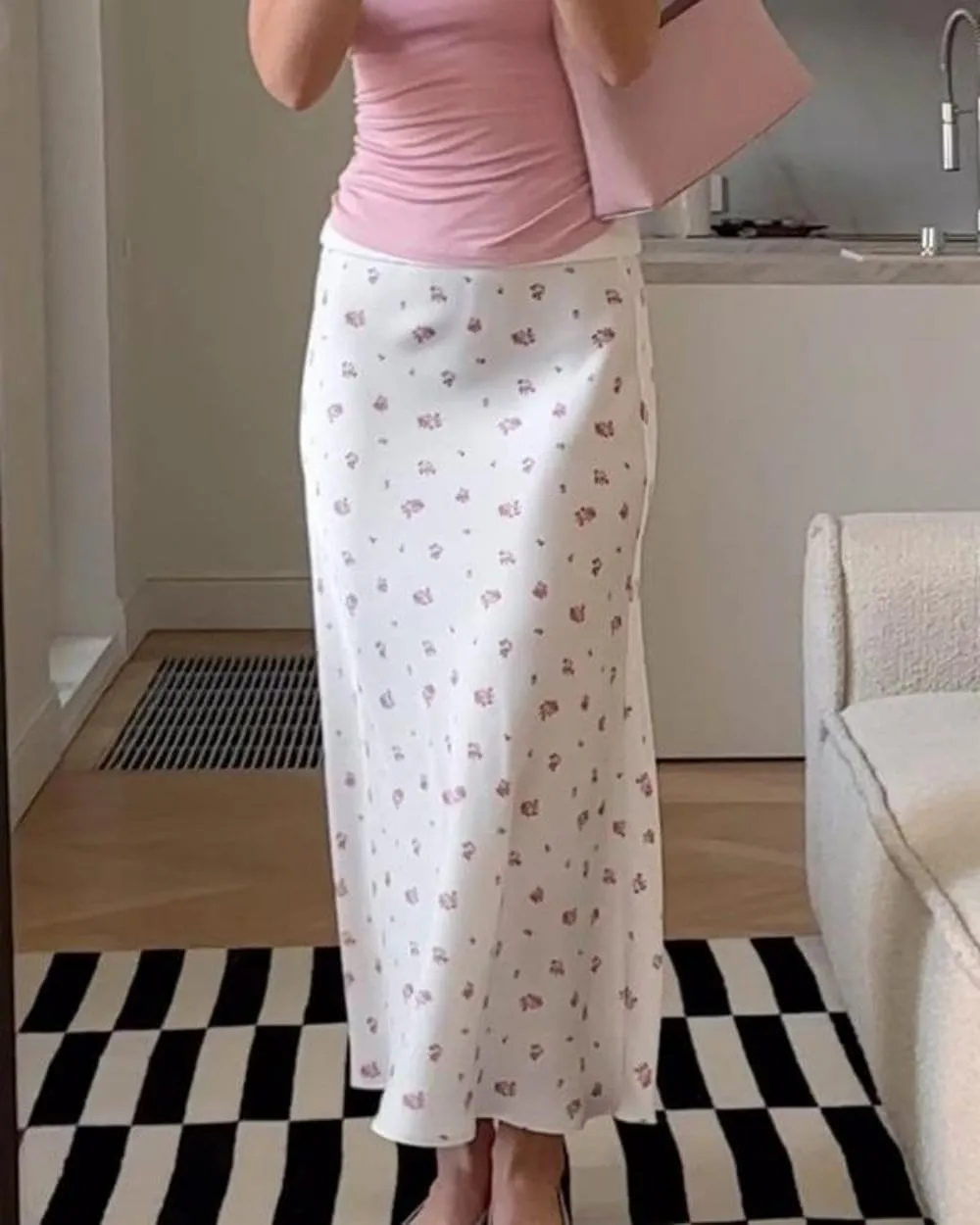 Women's Floral Print Maxi Skirt Silk Satin Long Skirt Summer High Waisted Midi Long Skirt