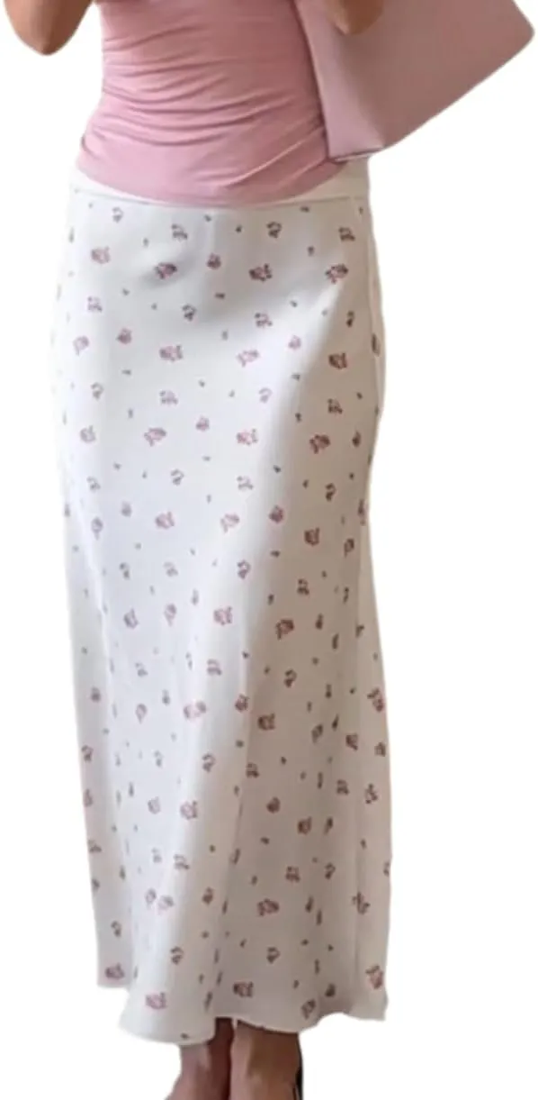 Women's Floral Print Maxi Skirt Silk Satin Long Skirt Summer High Waisted Midi Long Skirt