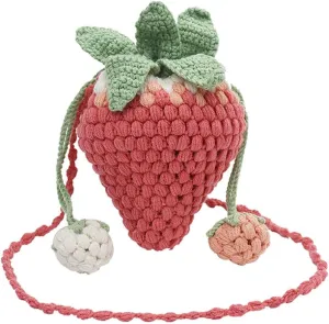 Women's Hand-knitted Cartoon Strawberry Handbag, DIY Wool Woven Shoulder Packet Crossbody Bag, Kawaii Crochet Bucket Purse