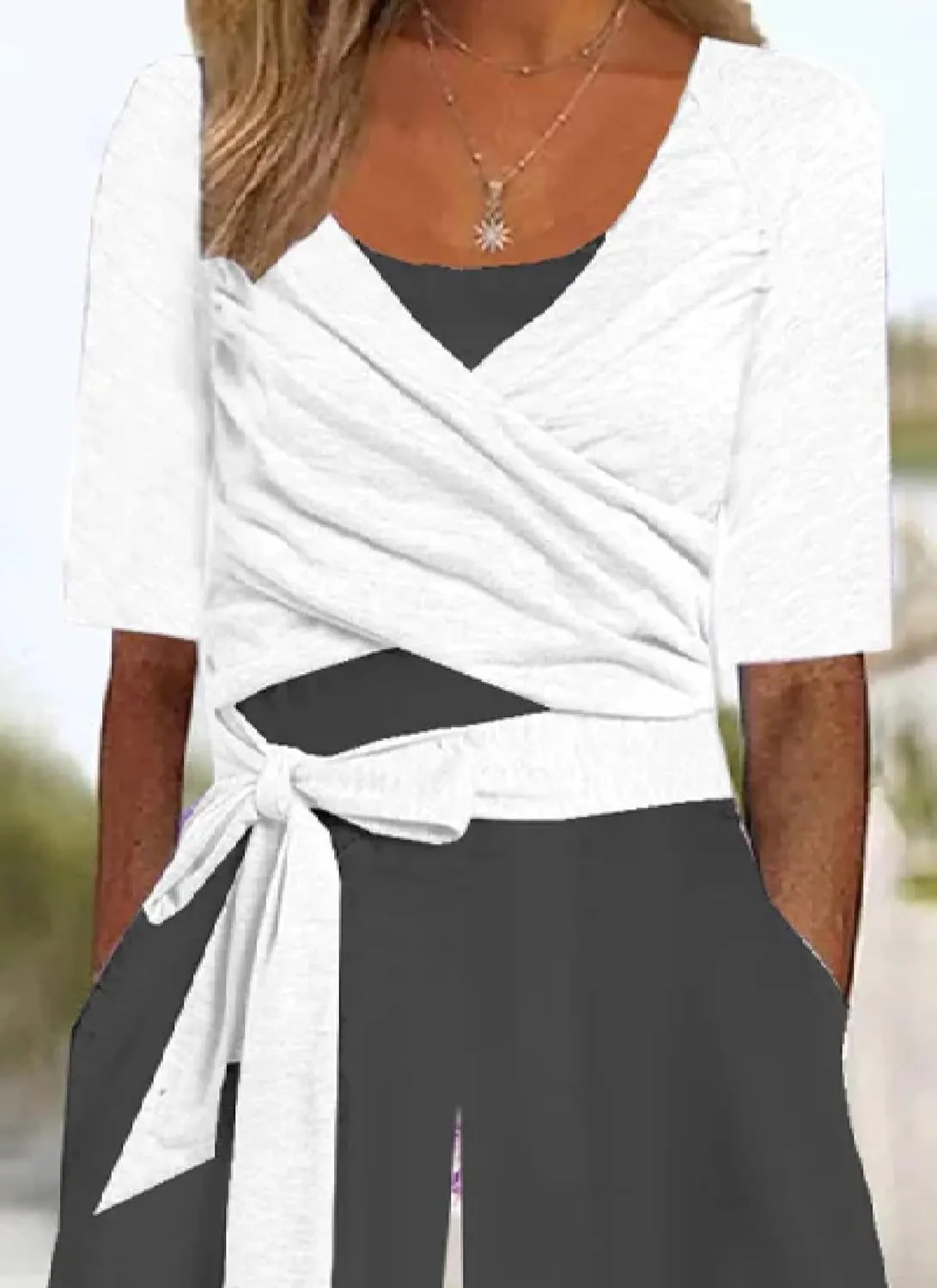 Women's Loose Half Sleeve V-Neck Side Pockets White And Black Colorblock Jumpsuits 2025 Spring Summer One Piece Outfits