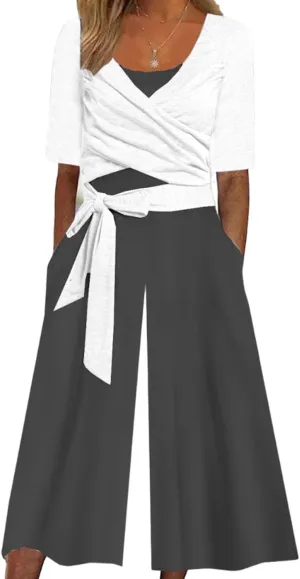 Women's Loose Half Sleeve V-Neck Side Pockets White And Black Colorblock Jumpsuits 2025 Spring Summer One Piece Outfits