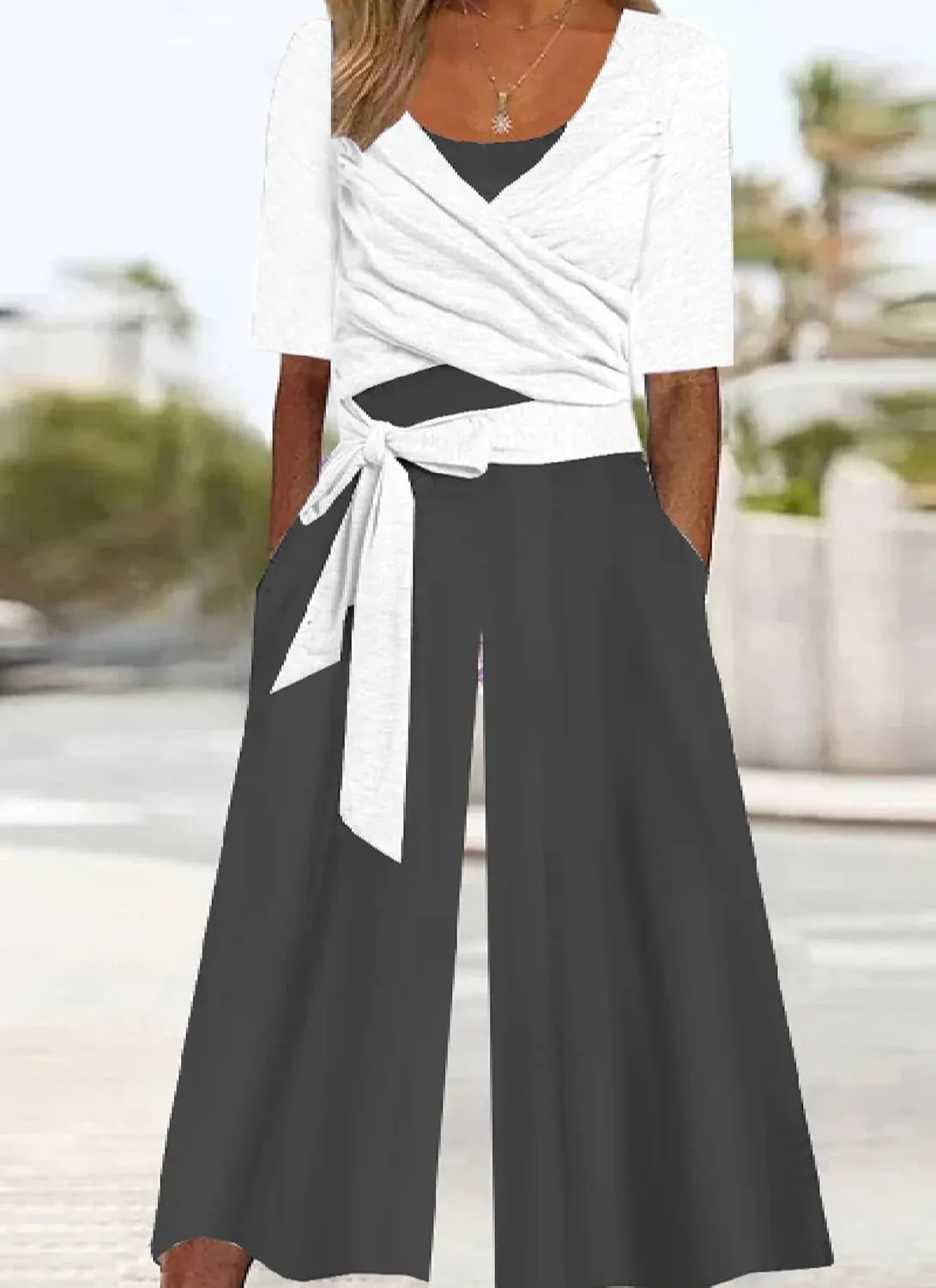 Women's Loose Half Sleeve V-Neck Side Pockets White And Black Colorblock Jumpsuits 2025 Spring Summer One Piece Outfits