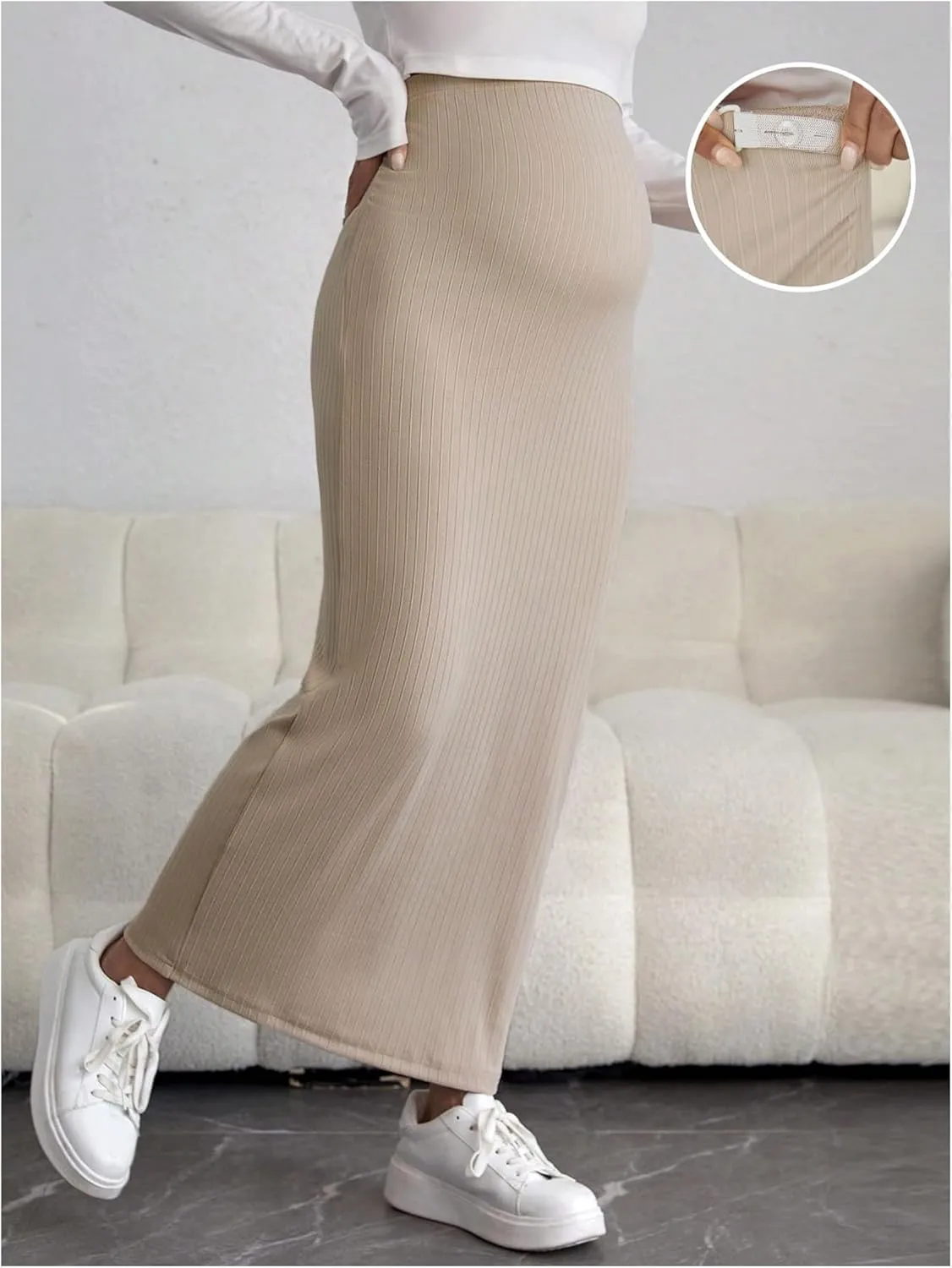 Women's Maternity High Waist Over The Belly Midi Maternity Pencil Skirt Split Hem Bodycon Skirt