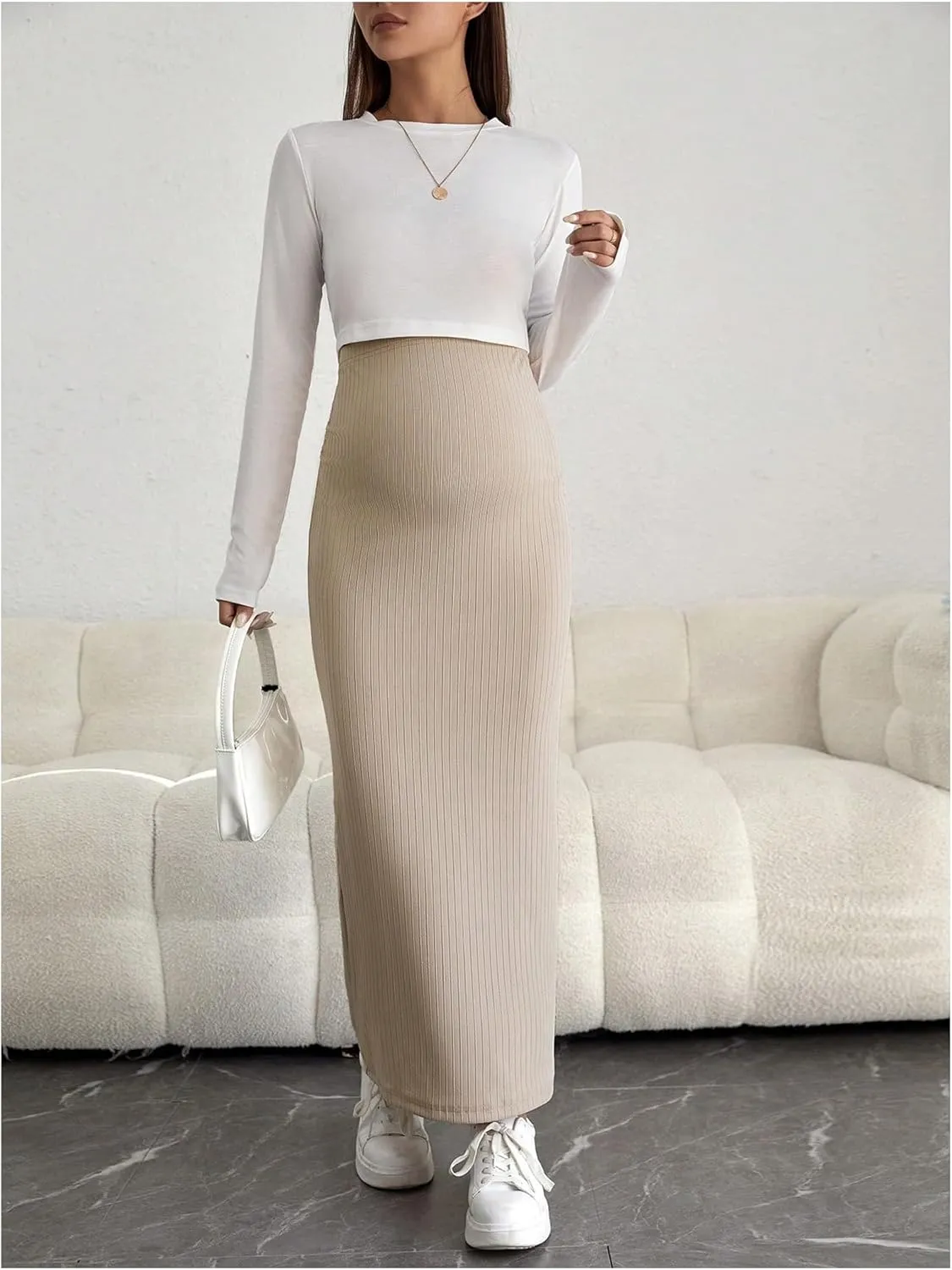 Women's Maternity High Waist Over The Belly Midi Maternity Pencil Skirt Split Hem Bodycon Skirt