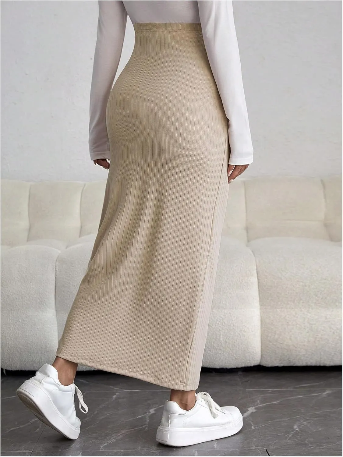 Women's Maternity High Waist Over The Belly Midi Maternity Pencil Skirt Split Hem Bodycon Skirt