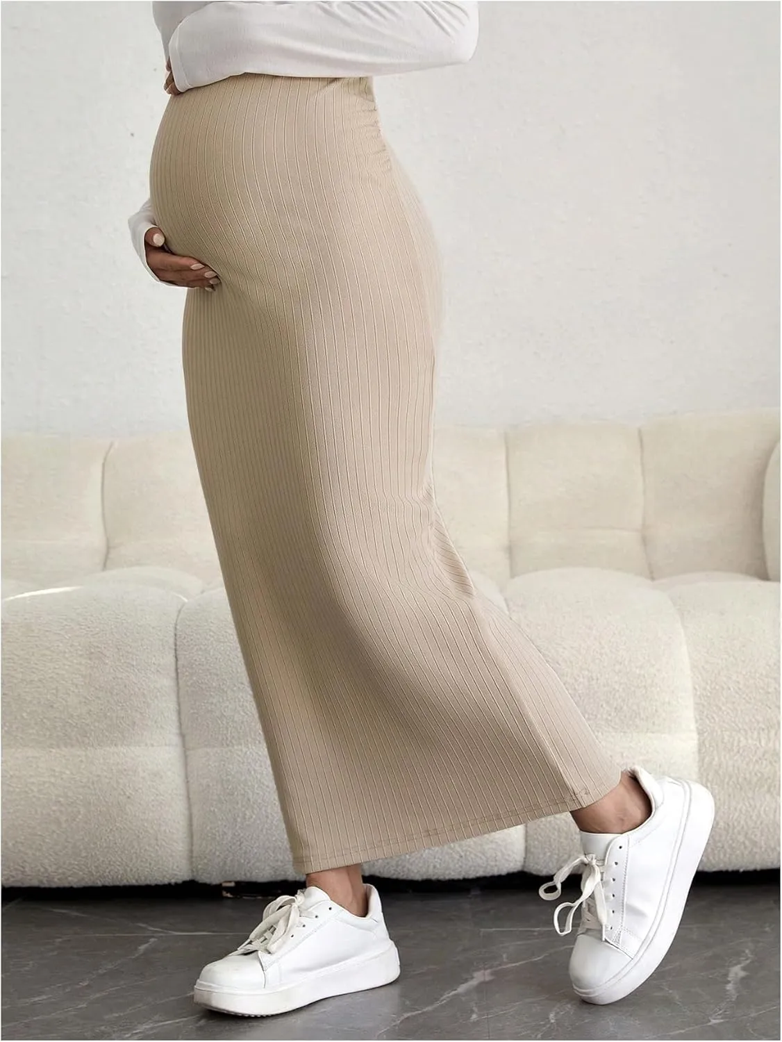 Women's Maternity High Waist Over The Belly Midi Maternity Pencil Skirt Split Hem Bodycon Skirt