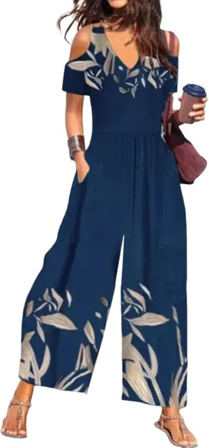 Women's Navy Print Jumpsuits 2025 Spring Outfits Cold Shoulder V Neck and Wide Leg Pants Rompers with Side Pockets