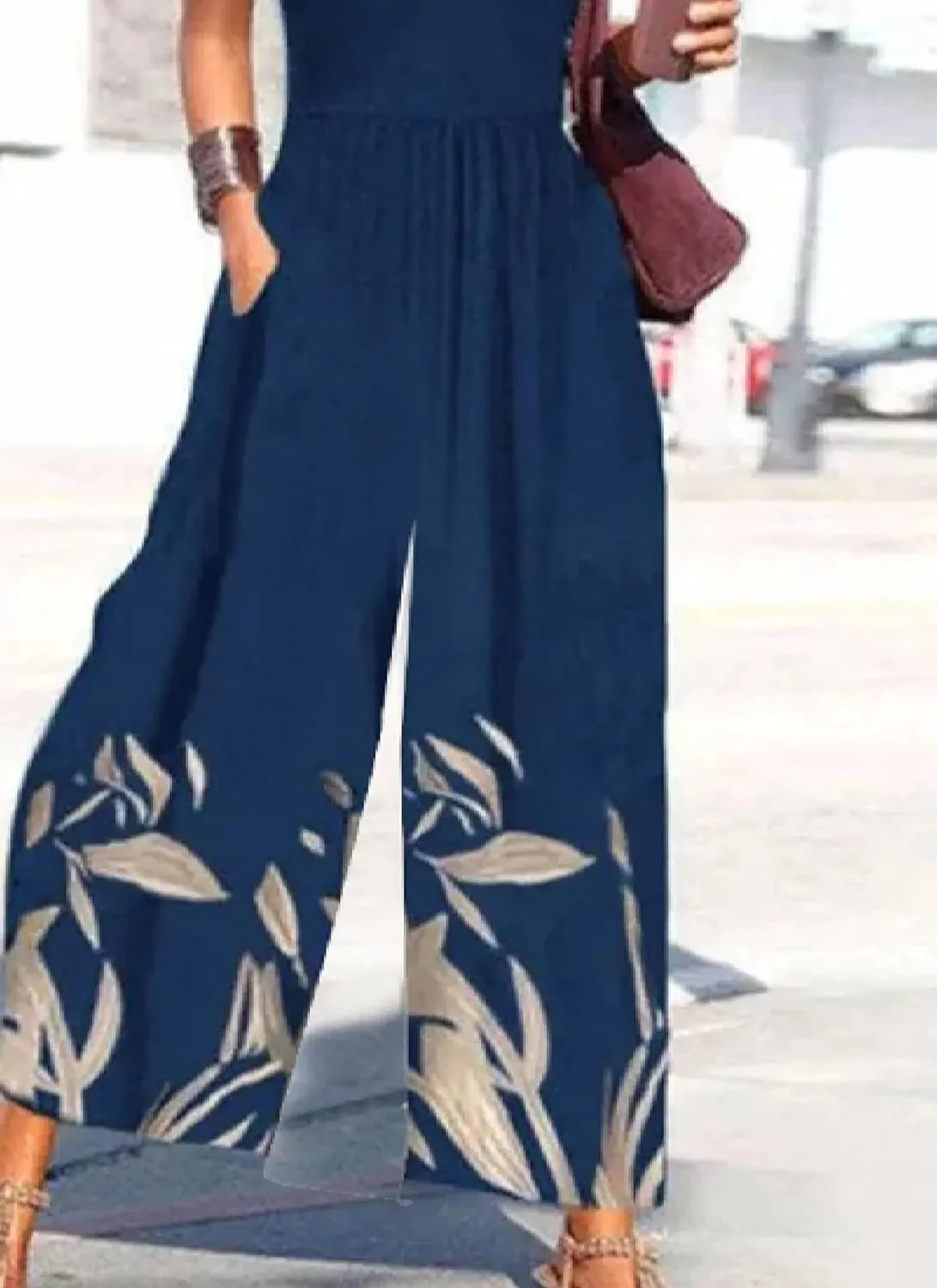 Women's Navy Print Jumpsuits 2025 Spring Outfits Cold Shoulder V Neck and Wide Leg Pants Rompers with Side Pockets