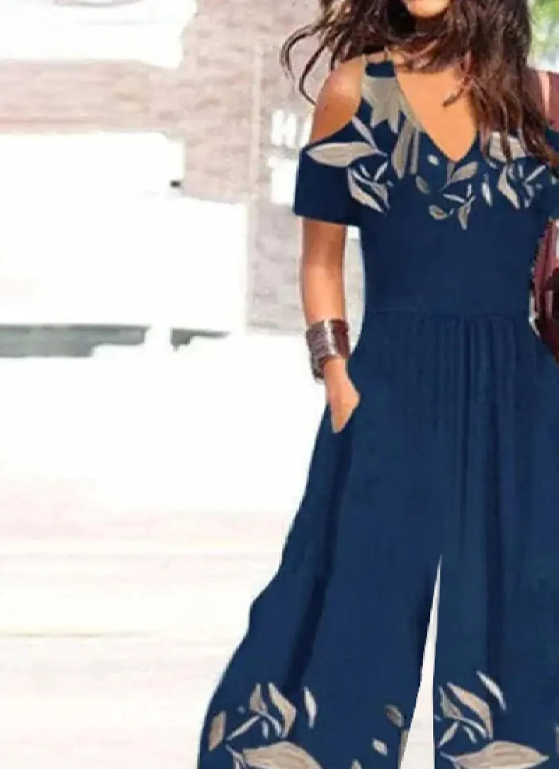 Women's Navy Print Jumpsuits 2025 Spring Outfits Cold Shoulder V Neck and Wide Leg Pants Rompers with Side Pockets