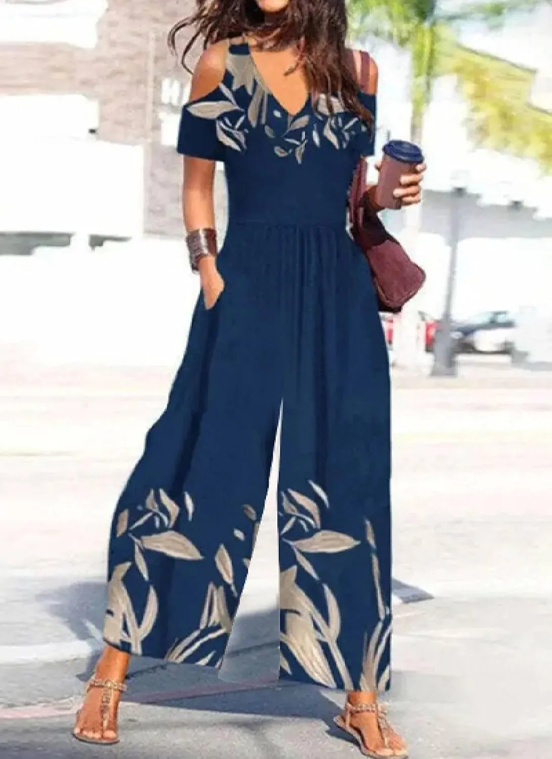 Women's Navy Print Jumpsuits 2025 Spring Outfits Cold Shoulder V Neck and Wide Leg Pants Rompers with Side Pockets