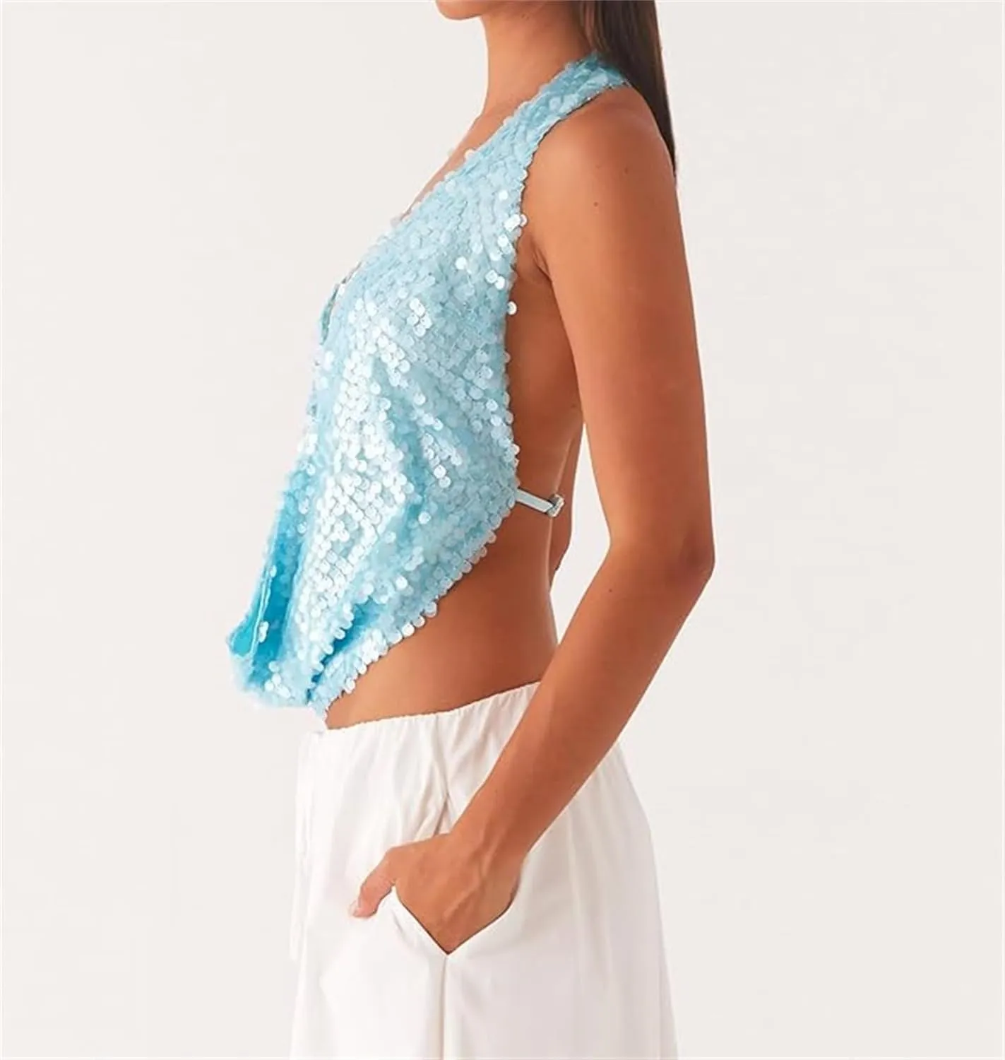 Womens Sequin Top Sleeveless Halter Rhinestone Pearl Floral Camisole Party Club Sparkly Tops Bling Glitter Tank