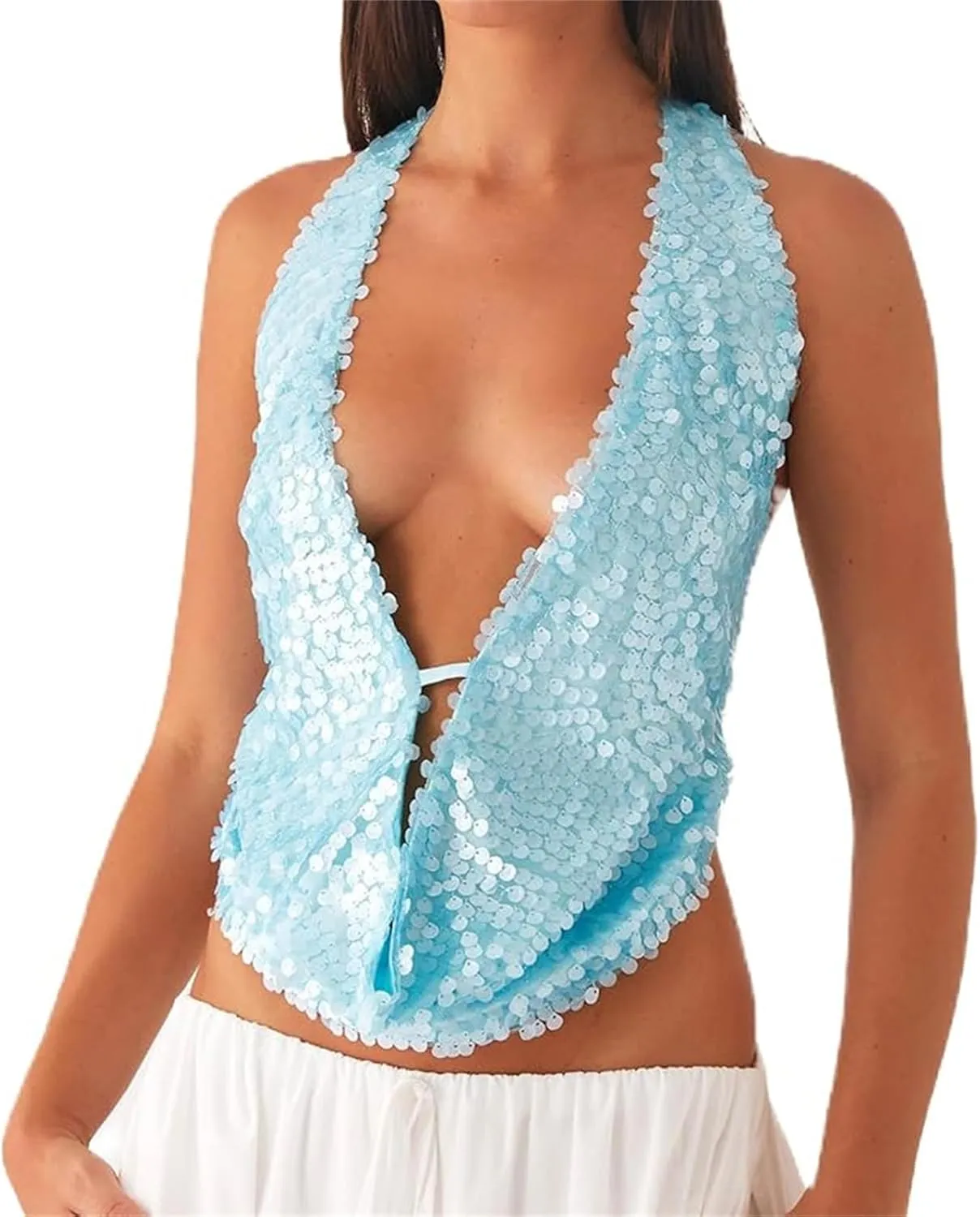 Womens Sequin Top Sleeveless Halter Rhinestone Pearl Floral Camisole Party Club Sparkly Tops Bling Glitter Tank