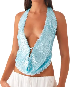 Womens Sequin Top Sleeveless Halter Rhinestone Pearl Floral Camisole Party Club Sparkly Tops Bling Glitter Tank