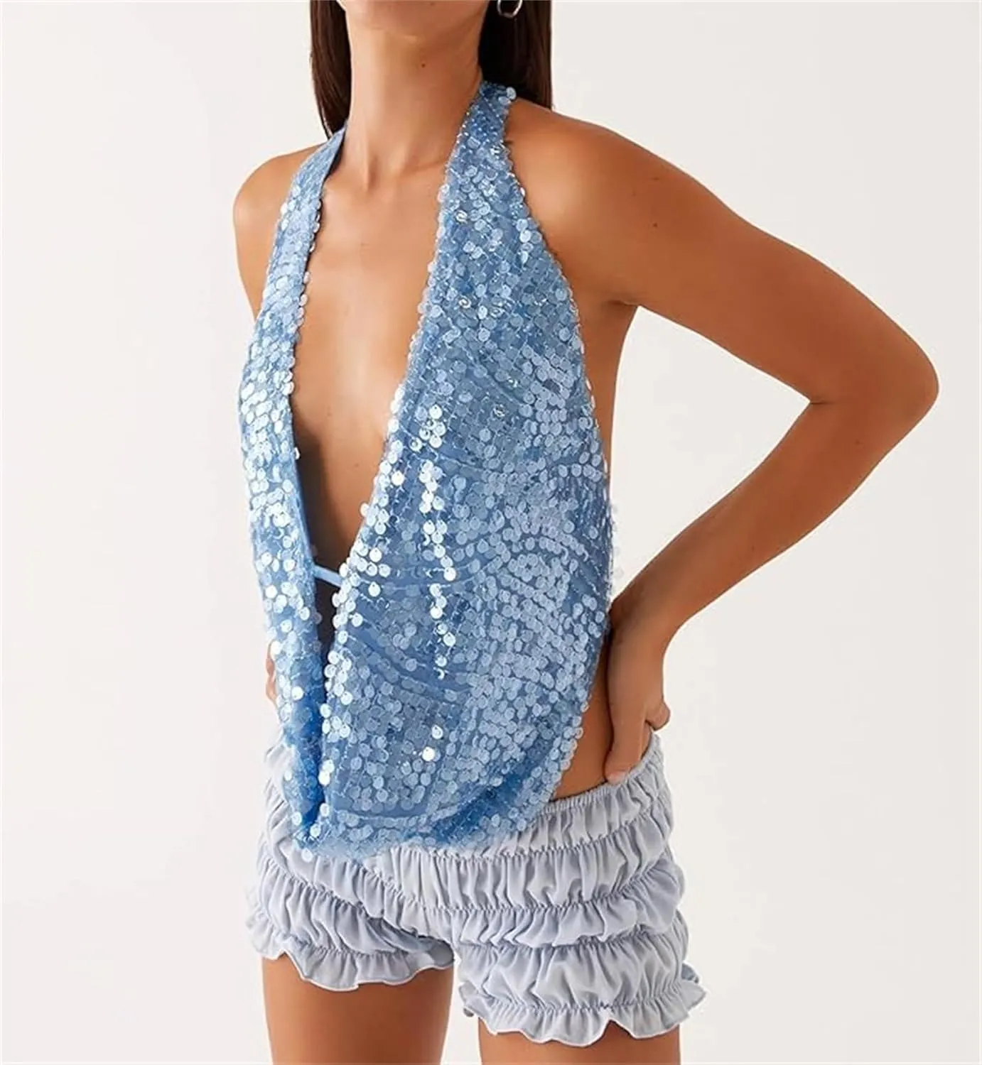 Womens Sequin Top Sleeveless Halter Rhinestone Pearl Floral Camisole Party Club Sparkly Tops Bling Glitter Tank
