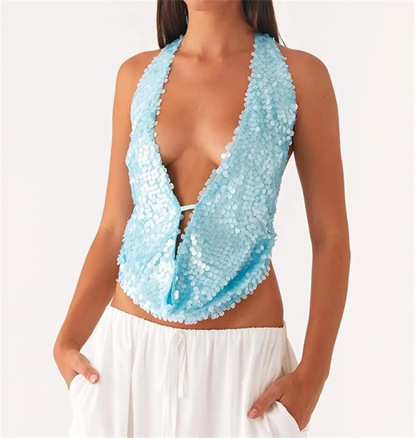 Womens Sequin Top Sleeveless Halter Rhinestone Pearl Floral Camisole Party Club Sparkly Tops Bling Glitter Tank