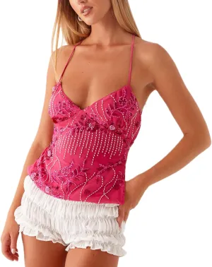 Women's Sequin Tops Sleeveless V Neck Sparkly Pearl Embellished Floral Camisole Backless Going Out Tank Top