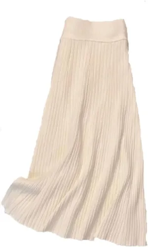 Women's Solid Color Pleated Knit Skirt Stretch High Waist A-Line Office Midi Skirts