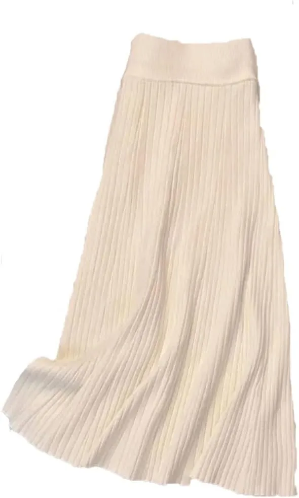 Women's Solid Color Pleated Knit Skirt Stretch High Waist A-Line Office Midi Skirts