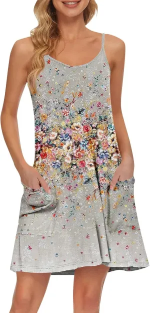 Women's Spaghetti Strap Dress Summer Boho Floral Print Sundress Casual Vacation Beach Cover Dresses with Pockets