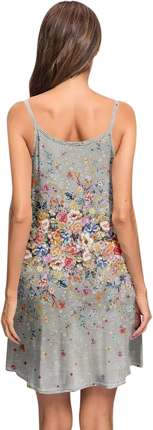Women's Spaghetti Strap Dress Summer Boho Floral Print Sundress Casual Vacation Beach Cover Dresses with Pockets