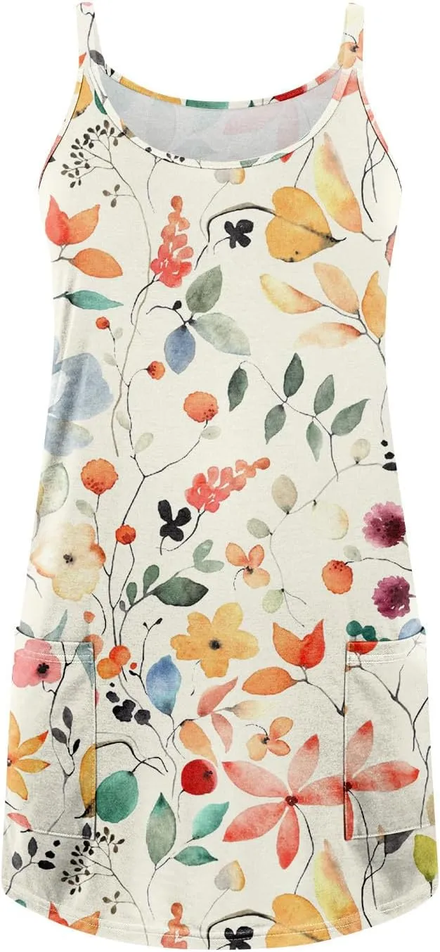 Women's Spaghetti Strap Dress Summer Boho Floral Print Sundress Casual Vacation Beach Cover Dresses with Pockets