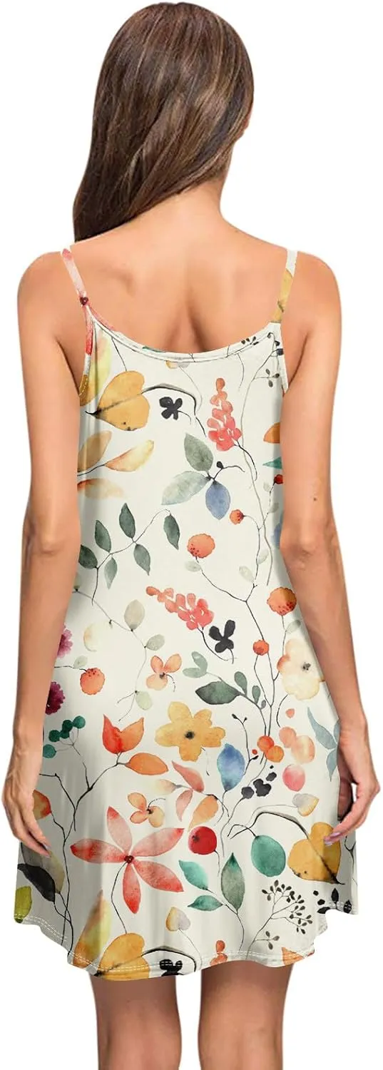 Women's Spaghetti Strap Dress Summer Boho Floral Print Sundress Casual Vacation Beach Cover Dresses with Pockets