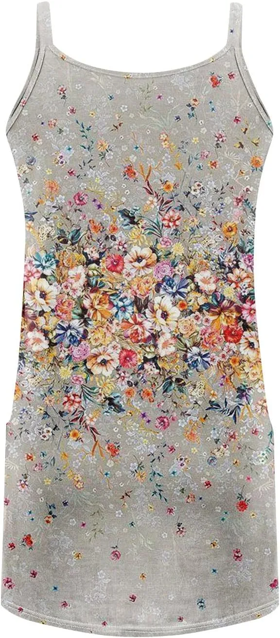 Women's Spaghetti Strap Dress Summer Boho Floral Print Sundress Casual Vacation Beach Cover Dresses with Pockets