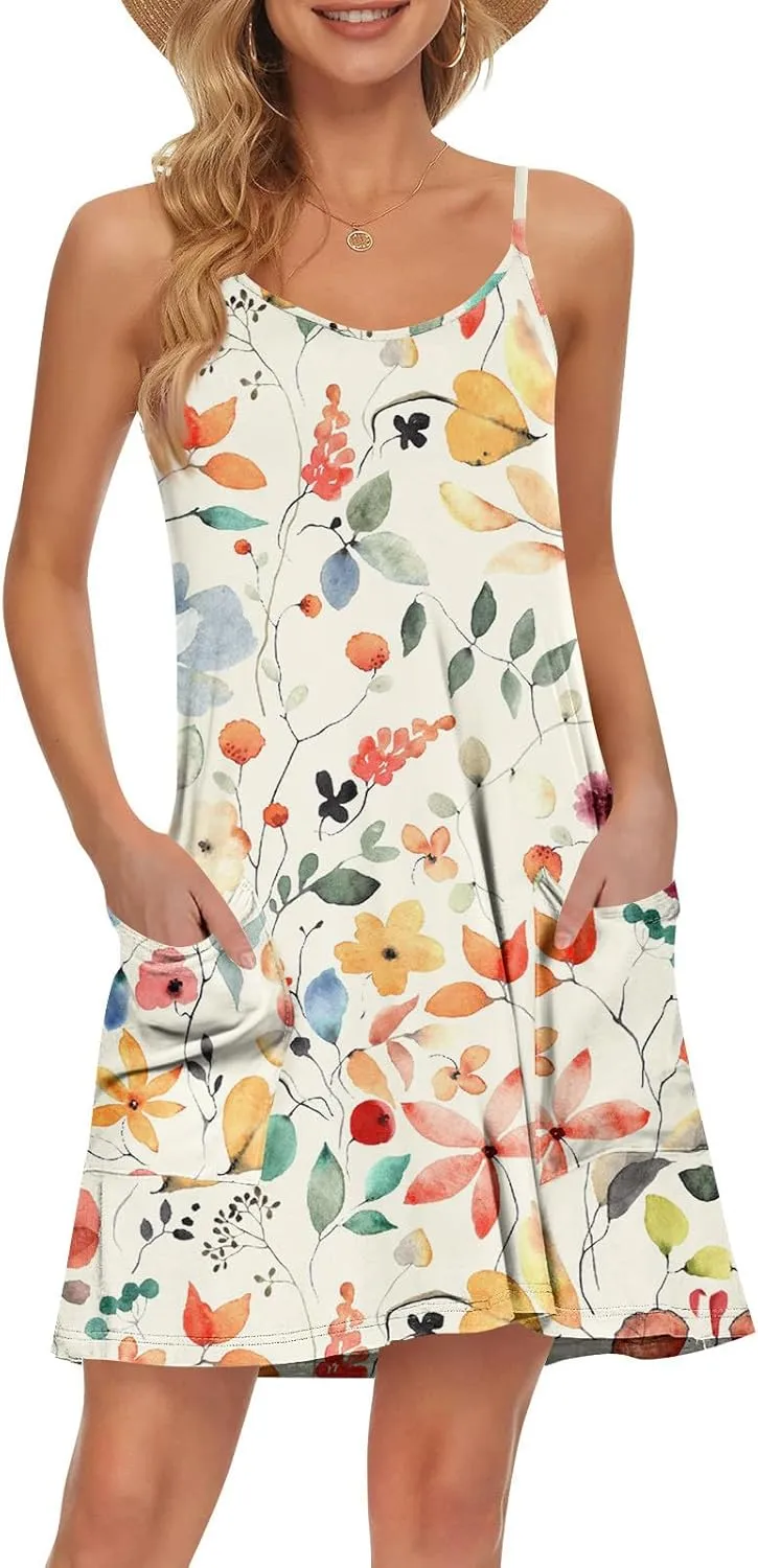 Women's Spaghetti Strap Dress Summer Boho Floral Print Sundress Casual Vacation Beach Cover Dresses with Pockets