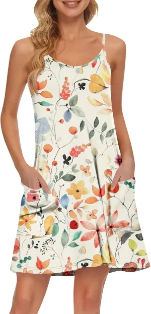 Women's Spaghetti Strap Dress Summer Boho Floral Print Sundress Casual Vacation Beach Cover Dresses with Pockets