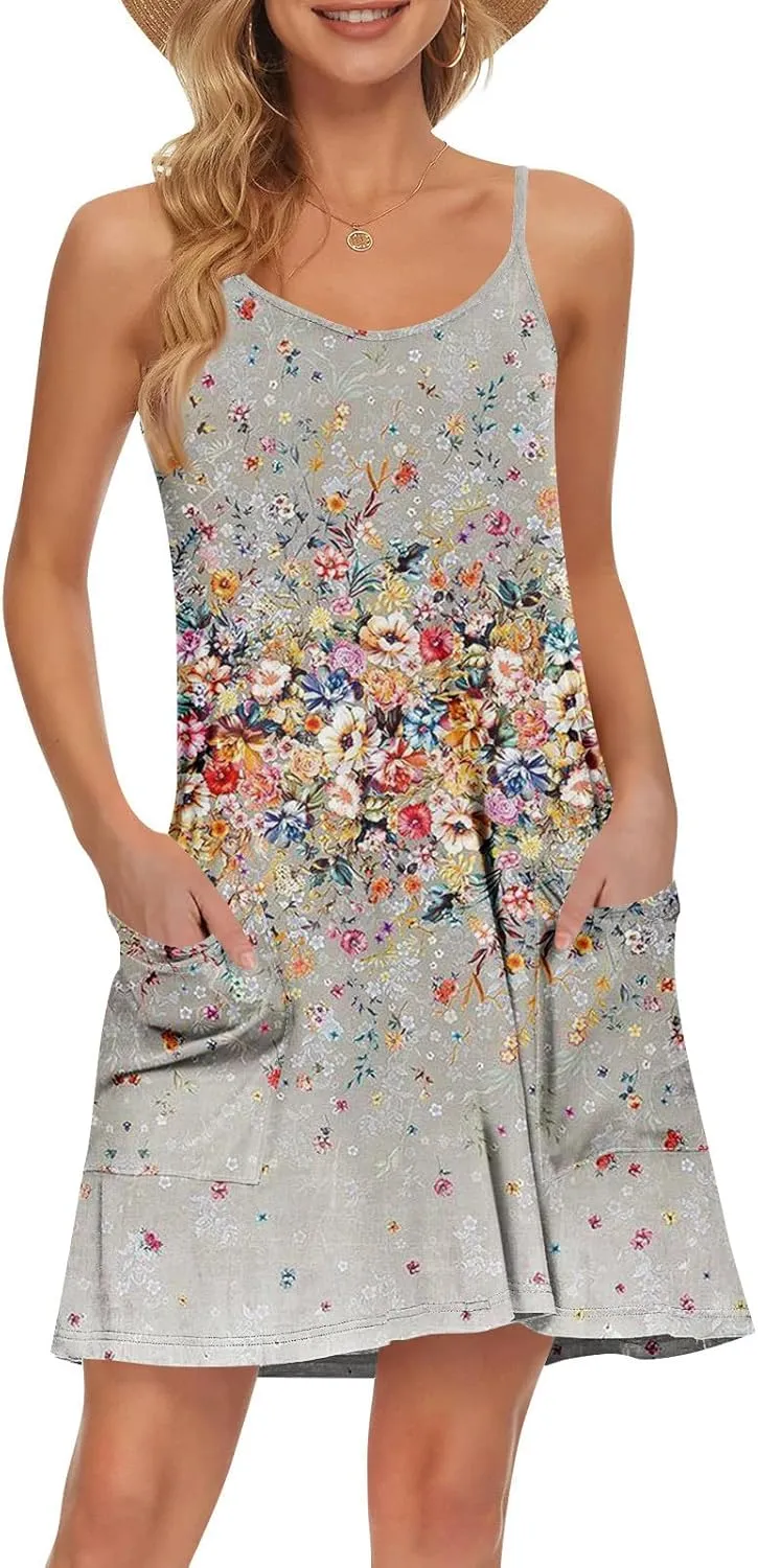 Women's Spaghetti Strap Dress Summer Boho Floral Print Sundress Casual Vacation Beach Cover Dresses with Pockets
