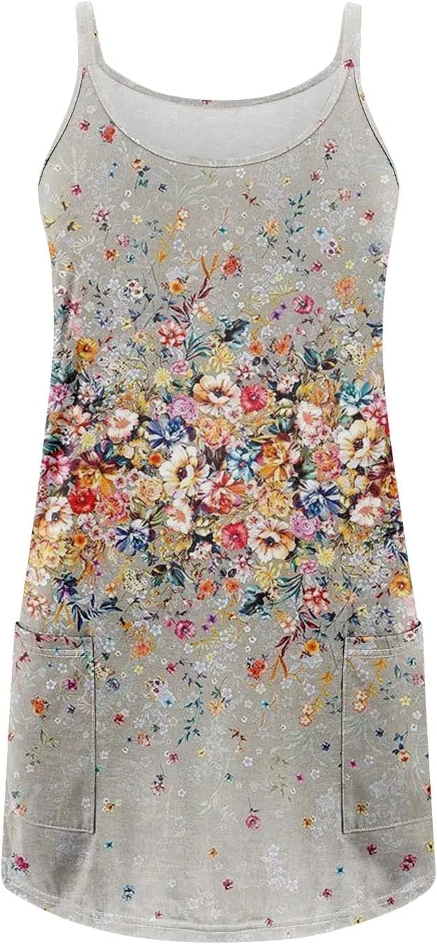 Women's Spaghetti Strap Dress Summer Boho Floral Print Sundress Casual Vacation Beach Cover Dresses with Pockets