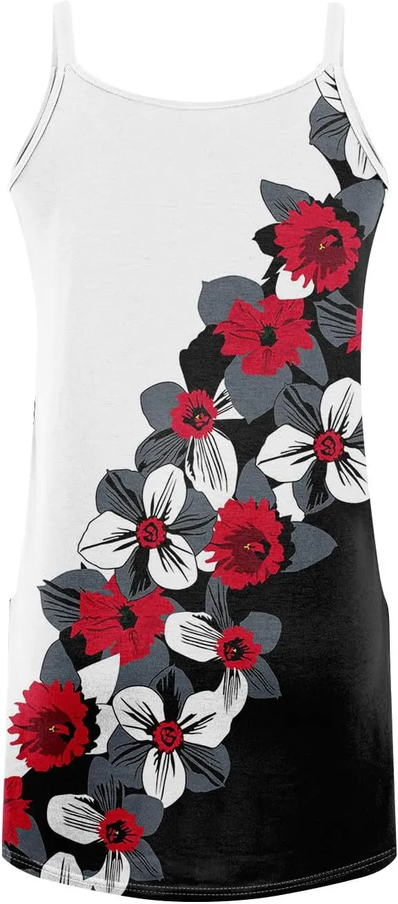Women's Spaghetti Strap Dress Summer Color Block Print Sleeveless Sundress Casual Vacation Beach Dresses with Pockets