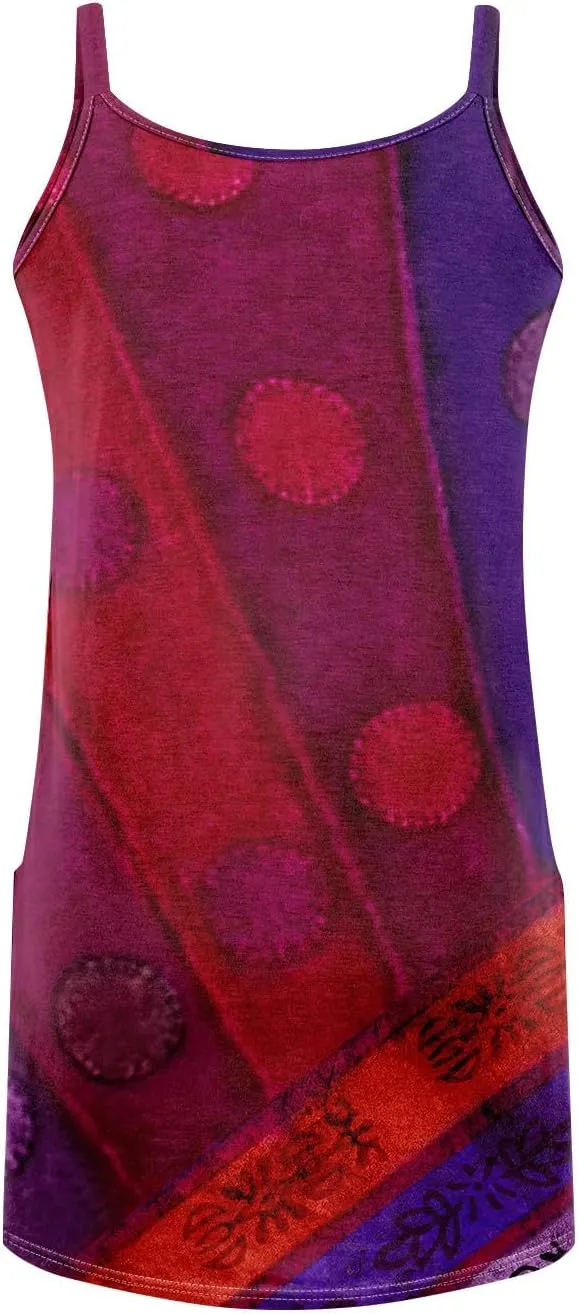 Women's Spaghetti Strap Dress Summer Color Block Print Sleeveless Sundress Casual Vacation Beach Dresses with Pockets