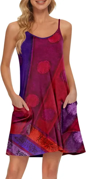 Women's Spaghetti Strap Dress Summer Color Block Print Sleeveless Sundress Casual Vacation Beach Dresses with Pockets