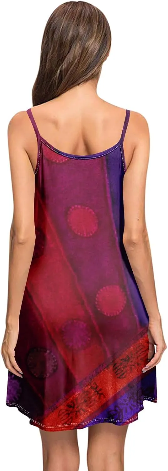 Women's Spaghetti Strap Dress Summer Color Block Print Sleeveless Sundress Casual Vacation Beach Dresses with Pockets