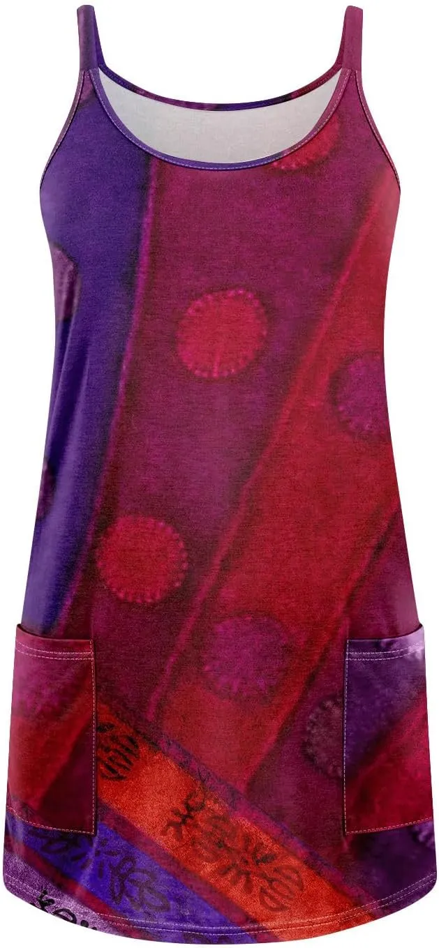 Women's Spaghetti Strap Dress Summer Color Block Print Sleeveless Sundress Casual Vacation Beach Dresses with Pockets