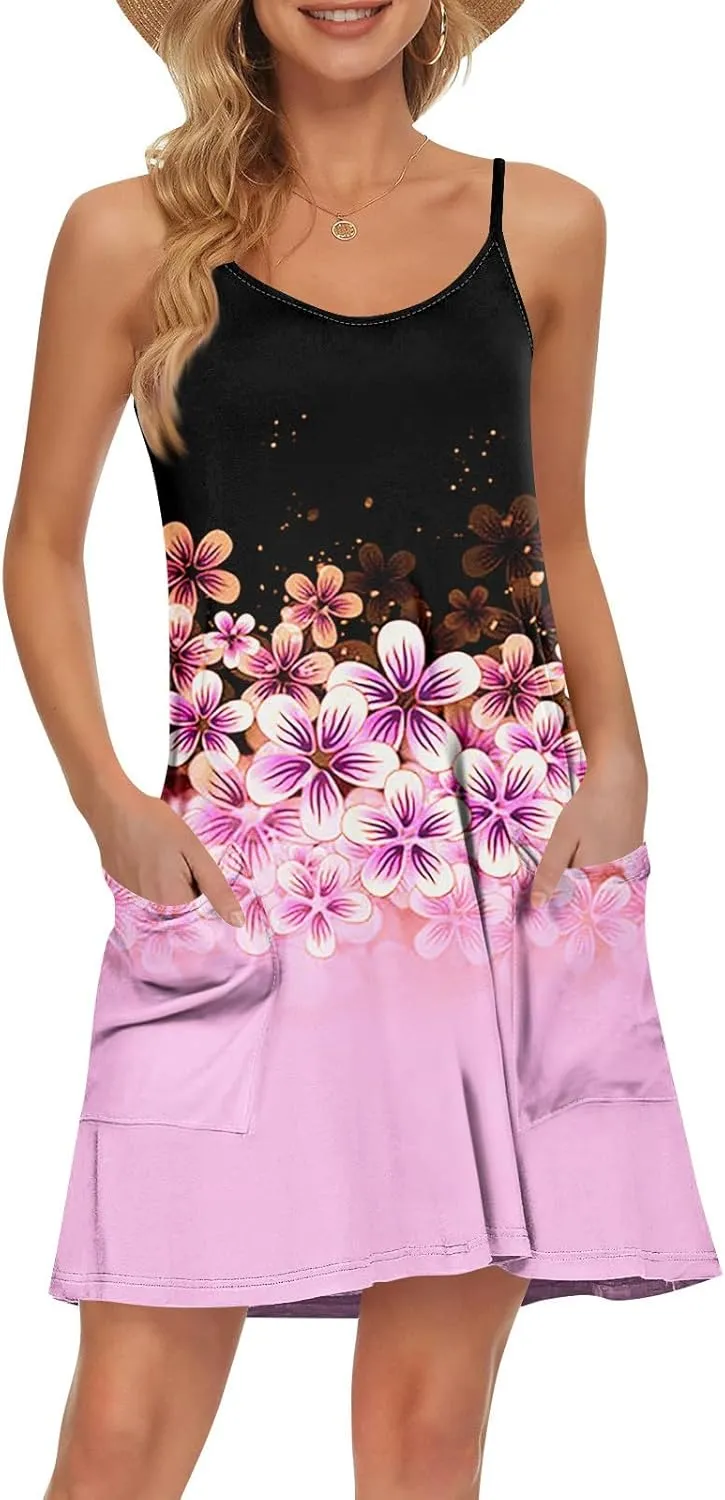 Women's Spaghetti Strap Dress Summer Floral Print Sleeveless Sundress Casual Vacation Beach Dresses with Pockets