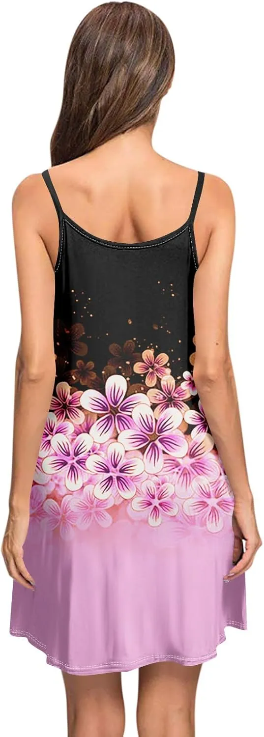 Women's Spaghetti Strap Dress Summer Floral Print Sleeveless Sundress Casual Vacation Beach Dresses with Pockets