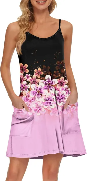 Women's Spaghetti Strap Dress Summer Floral Print Sleeveless Sundress Casual Vacation Beach Dresses with Pockets