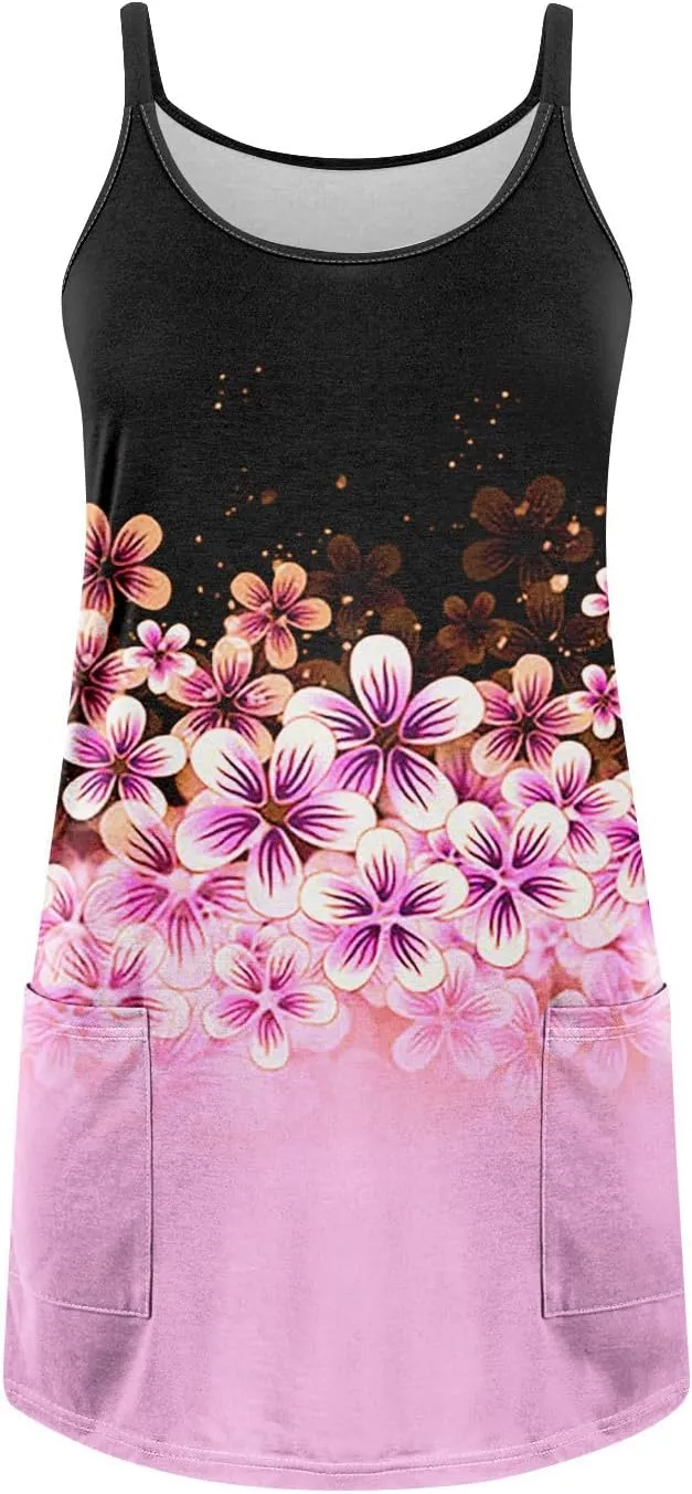Women's Spaghetti Strap Dress Summer Floral Print Sleeveless Sundress Casual Vacation Beach Dresses with Pockets