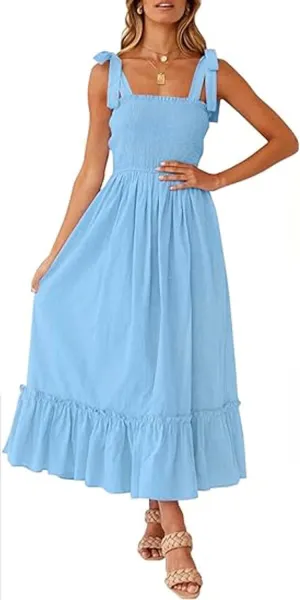 Womens Summer Dresses 2024 Boho Spaghetti Strap Square Neck Maxi Dress Flowy Ruffle Tiered A Line Beach Sundress with Pockets