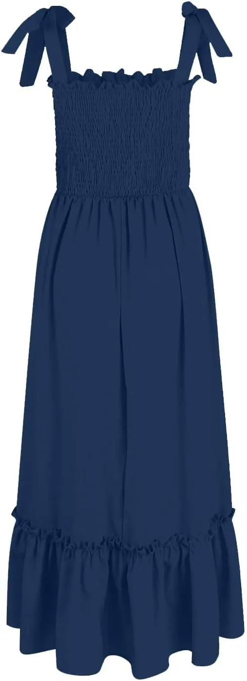 Womens Summer Dresses 2024 Boho Spaghetti Strap Square Neck Maxi Dress Flowy Ruffle Tiered A Line Beach Sundress with Pockets