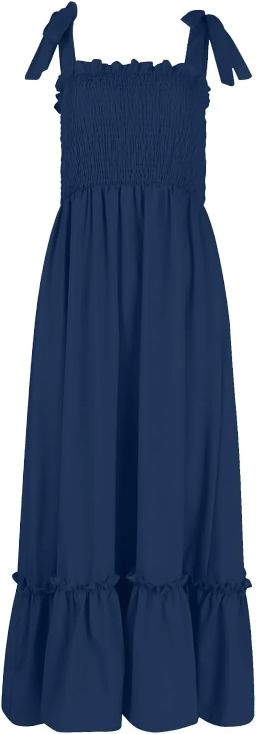 Womens Summer Dresses 2024 Boho Spaghetti Strap Square Neck Maxi Dress Flowy Ruffle Tiered A Line Beach Sundress with Pockets